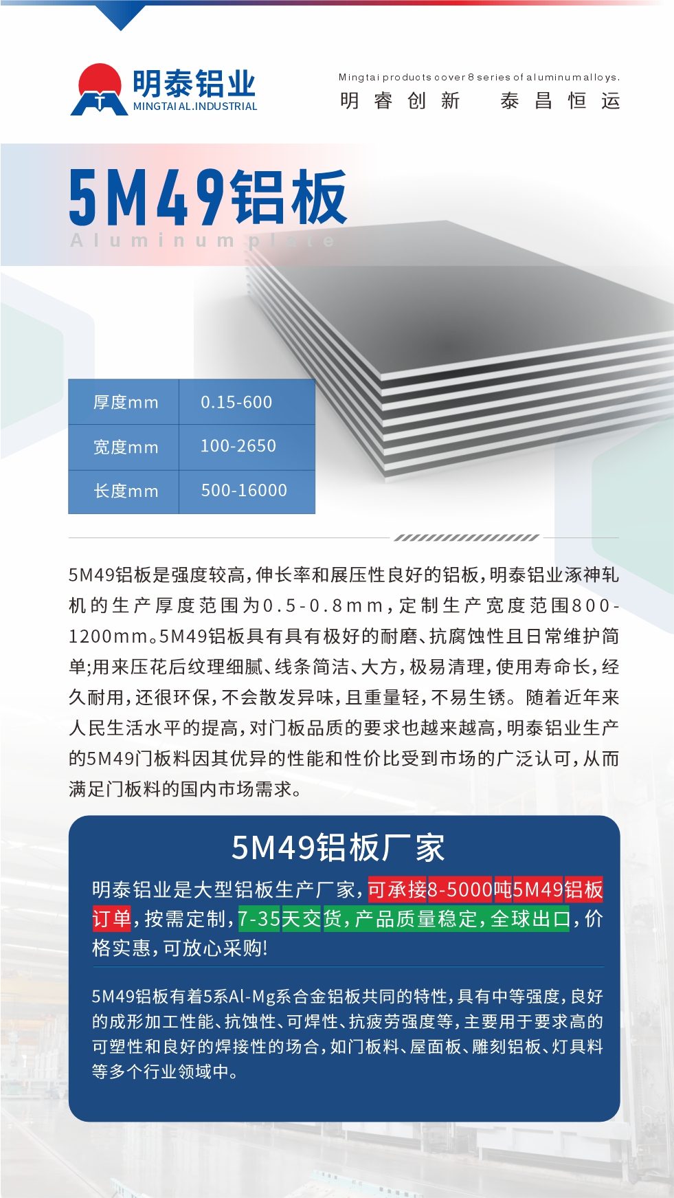 5M49鋁板是強度較高，伸長率和展壓性良好的鋁板，明泰鋁業(yè)涿神軋機的生產(chǎn)厚度范圍為0.5-0.8mm，定制生產(chǎn)寬度范圍800-1200mm。5M49鋁板具有具有極好的耐磨、抗腐蝕性且日常維護簡單;用來壓花后紋理細膩、線條簡潔、大方，極易清理，使用壽命長，經(jīng)久耐用，還很環(huán)保，不會散發(fā)異味，且重量輕，不易生銹。 隨著近年來人民生活水平的提高，對門板品質(zhì)的要求也越來越高，明泰鋁業(yè)生產(chǎn)的5M49門板料因其優(yōu)異的性能和性價比受到市場的廣泛認(rèn)可，從而滿足門板料的國內(nèi)市場需求。
