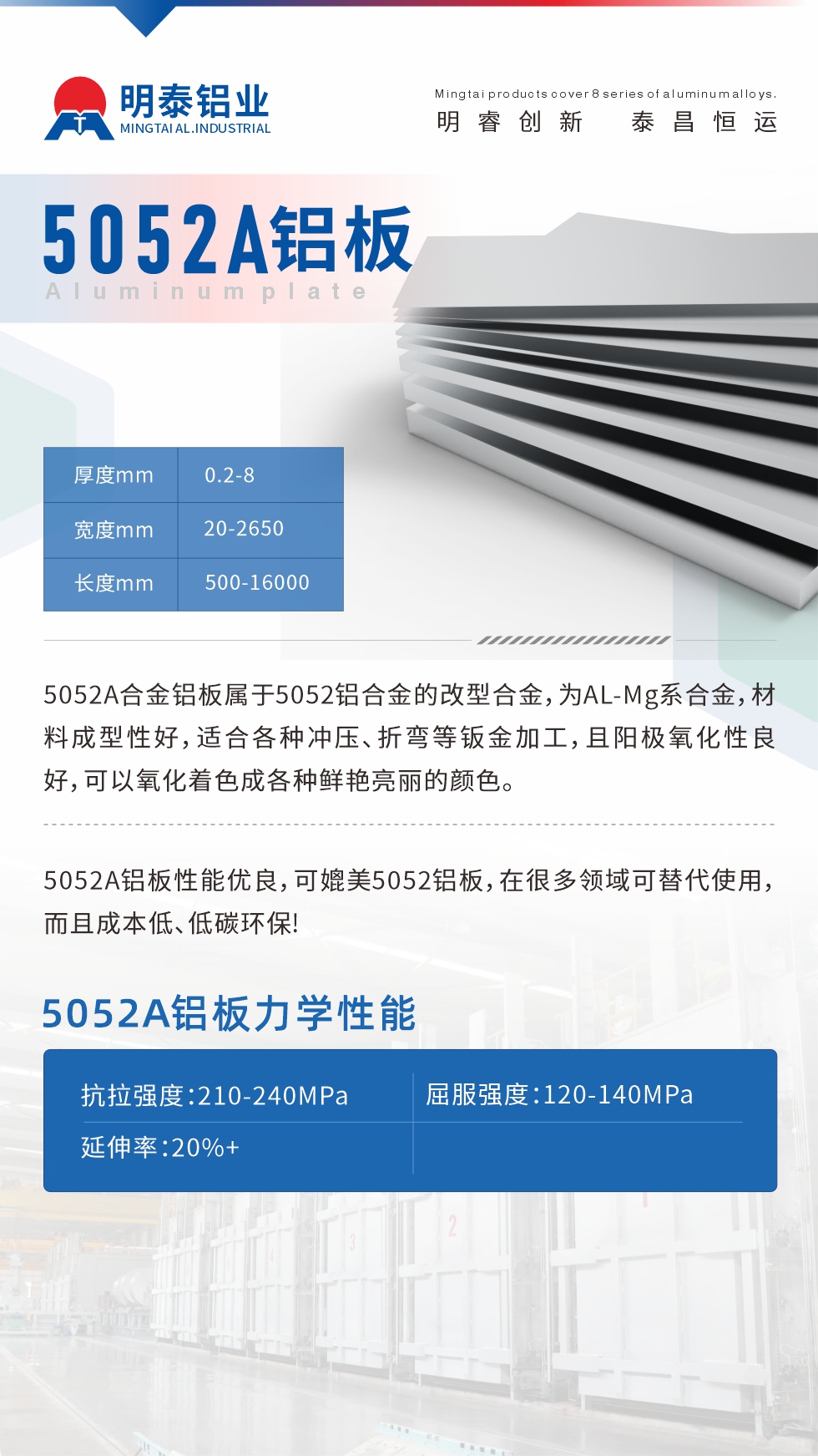 5052A合金鋁板屬于5052鋁合金的改型合金，為AL-Mg系合金，材料成型性好，適合各種沖壓、折彎等鈑金加工，且陽(yáng)極氧化性良好，可以氧化著色成各種鮮艷亮麗的顏色。5052A鋁板性能優(yōu)良，可媲美5052鋁板，在很多領(lǐng)域可替代使用，而且成本低、低碳環(huán)保!5052A鋁板力學(xué)性能抗拉強(qiáng)度：210-240MPa屈服強(qiáng)度：120-140MPa延伸率：20%+