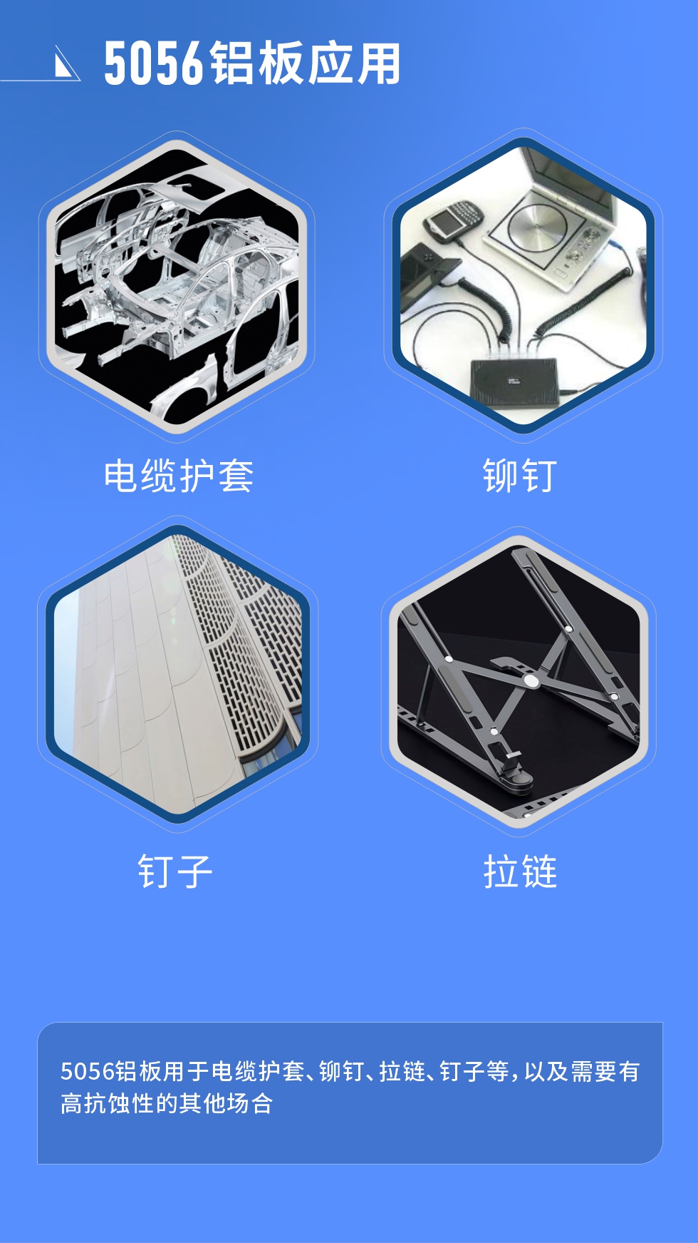 市場應(yīng)用
　　5056鋁板用于電纜護(hù)套、鉚釘、拉鏈、釘子等，以及需要有高抗蝕性的其他場合。
　　5056鋁板生產(chǎn)廠家
　　明泰鋁業(yè)支持定做，為用戶合理推薦更合理產(chǎn)品規(guī)格，并提供優(yōu)惠報價，讓您選購無憂。
　　明泰鋁業(yè)是一家集科研、加工、制造為一體的大型現(xiàn)代化鋁加工企業(yè)。公司可生產(chǎn)1-8系鋁板帶箔產(chǎn)品，規(guī)格齊全。