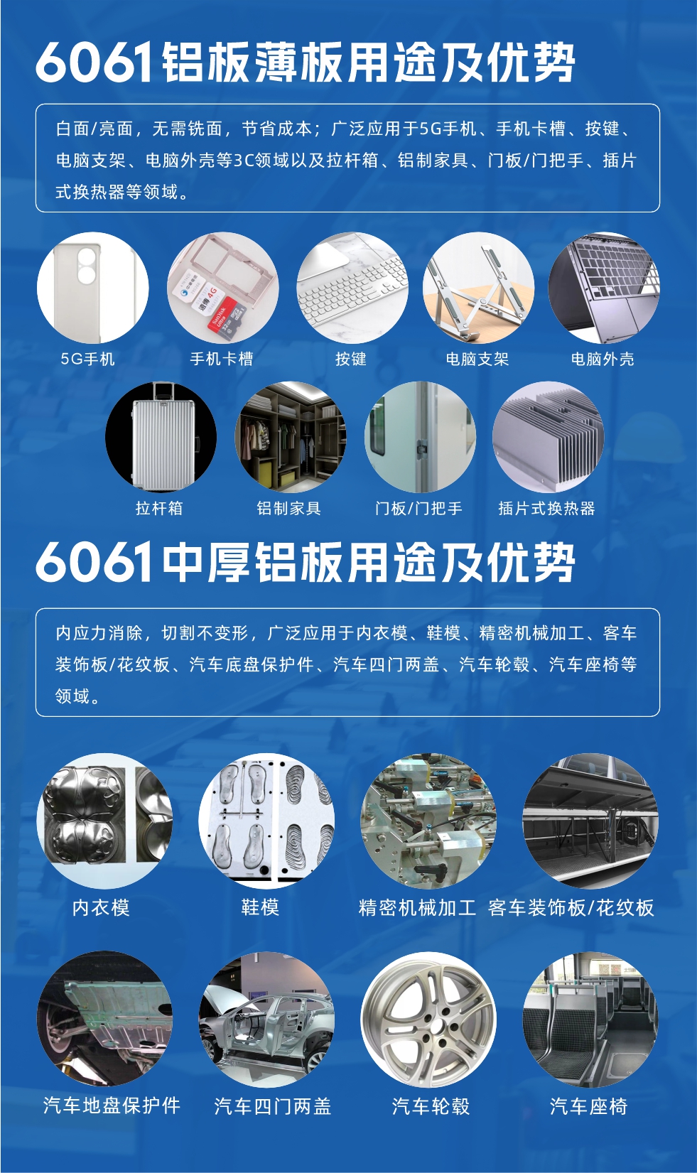6061鋁板薄板用途及優(yōu)勢:白面/亮面，無需銑面，節(jié)省成本；廣泛應用于5G手機、手機卡槽、按鍵、電腦支架、電腦外殼等3C領域以及拉桿箱、鋁制家具、門板/門把手、插片式換熱器等領域。
6061中厚鋁板用途及優(yōu)勢:內應力消除，切割不變形，廣泛應用于內衣模、鞋模、精密機械加工、客車裝飾板/花紋板、汽車底盤保護件、汽車四門兩蓋、汽車輪轂、汽車座椅等領域。
