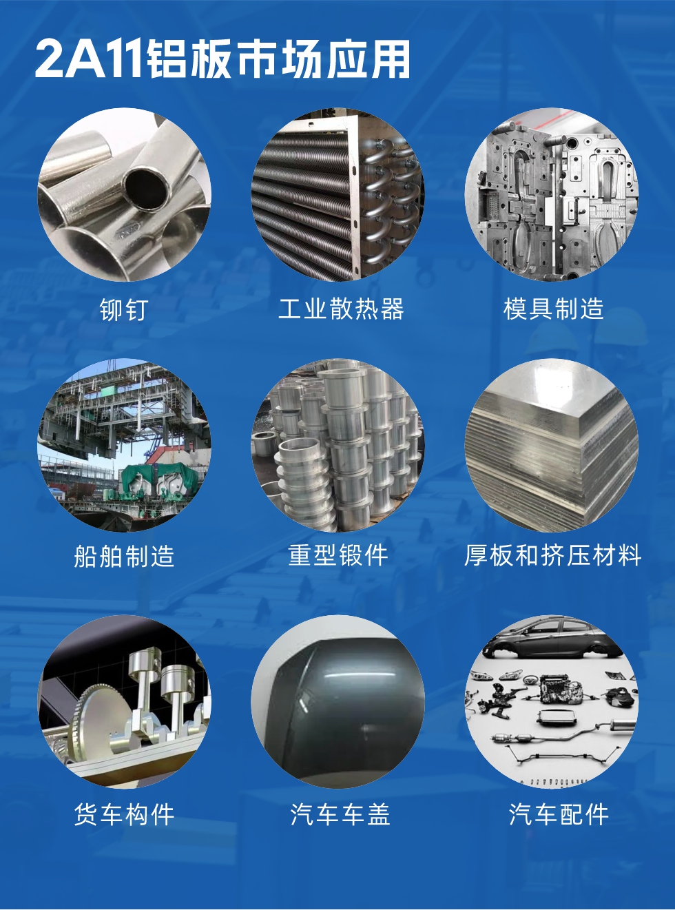 2a11鋁板市場應(yīng)用：

鉚釘、工業(yè)散熱器、模具制造、船舶制造、重型鍛件、厚板和擠壓材料，貨車構(gòu)件、汽車車蓋、汽車配件等領(lǐng)域。