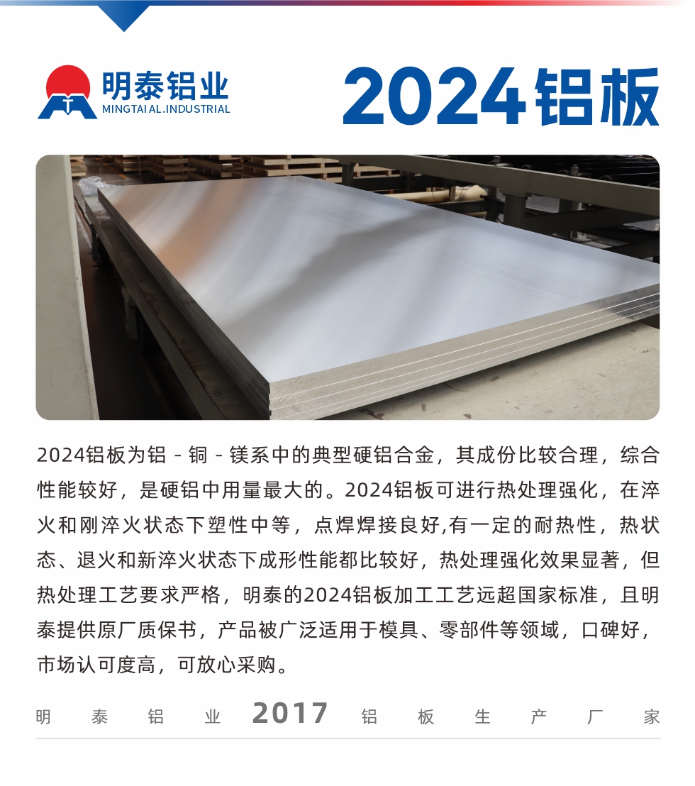 2024鋁板為鋁－銅－鎂系中的典型硬鋁合金，其成份比較合理，綜合性能較好，是硬鋁中用量最大的。2024鋁板可進行熱處理強化，在淬火和剛淬火狀態(tài)下塑性中等，點焊焊接良好,有一定的耐熱性，熱狀態(tài)、退火和新淬火狀態(tài)下成形性能都比較好，熱處理強化效果顯著，但熱處理工藝要求嚴格，明泰的2024鋁板加工工藝遠超國家標準，且明泰提供原廠質(zhì)保書，產(chǎn)品被廣泛適用于模具、零部件等領(lǐng)域，口碑好，市場認可度高，可放心采購。
