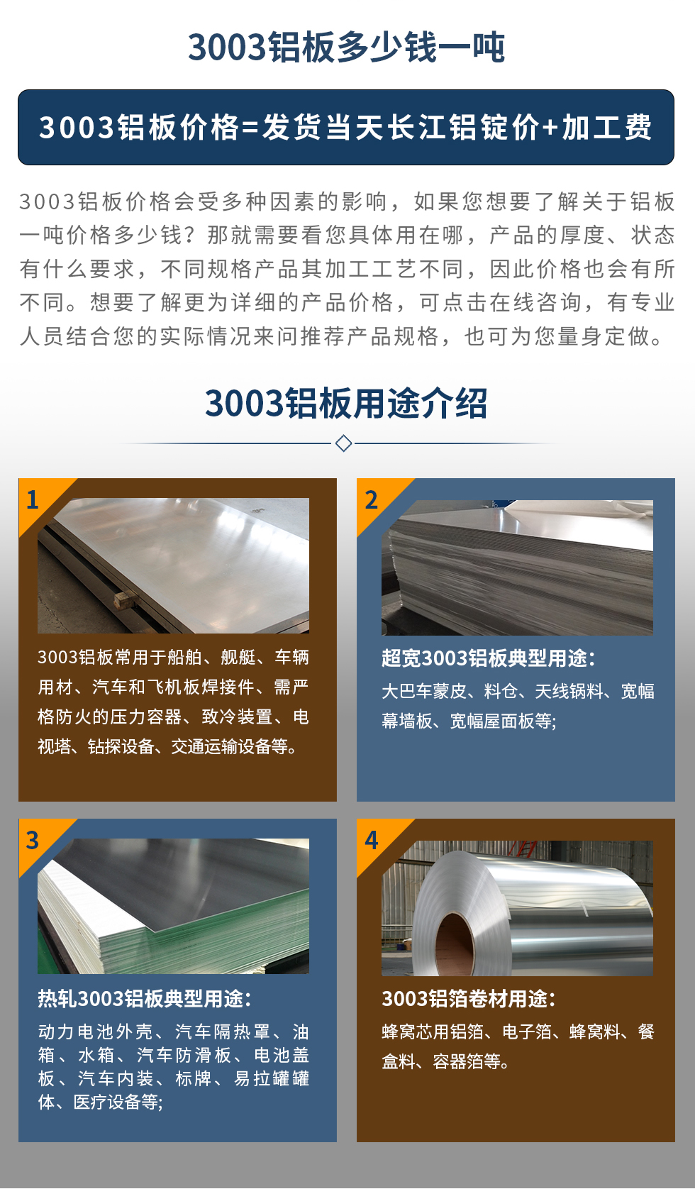 3003鋁板用途介紹
　　3003鋁板常用于船舶、艦艇、車輛用材、汽車和飛機板焊接件、需嚴格防火的壓力容器、致冷裝置、電視塔、鉆探設(shè)備、交通運輸設(shè)備等。超寬3003鋁板典型用途：大巴車蒙皮、料倉、天線鍋料、寬幅幕墻板、寬幅屋面板等;熱軋3003鋁板典型用途：動力電池外殼、汽車隔熱罩、油箱、水箱、汽車防滑板、電池蓋板、汽車內(nèi)裝、標牌、易拉罐罐體、醫(yī)療設(shè)備等;3003鋁箔卷材用途： 蜂窩芯用鋁箔、電子箔、蜂窩料、餐盒料、容器箔等。