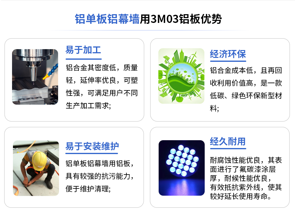 鋁單板鋁幕墻用3M03鋁板優(yōu)勢(shì)
易于加工
鋁合金其密度低，質(zhì)量輕，延伸率優(yōu)良，可塑性強(qiáng)，可滿足用戶不同生產(chǎn)加工需求;
易于安裝維護(hù)
鋁單板鋁幕墻用鋁板具有較強(qiáng)的抗污能力，便于維護(hù)清理;
經(jīng)濟(jì)環(huán)保
鋁合金成本低，且再回收利用價(jià)值高，是一款低碳、綠色環(huán)保新型材料，
經(jīng)久耐用
耐腐蝕性能優(yōu)良，其表面進(jìn)行了氟碳漆涂層厚，耐候性能優(yōu)良，有效抵抗紫外線，使其較好延長(zhǎng)使用壽命。